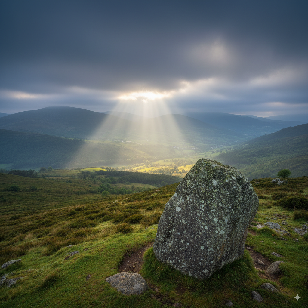Megalito en Galicia iluminado por el sol entre montañas y valles cubiertos de niebla, paisaje místico y ancestral.