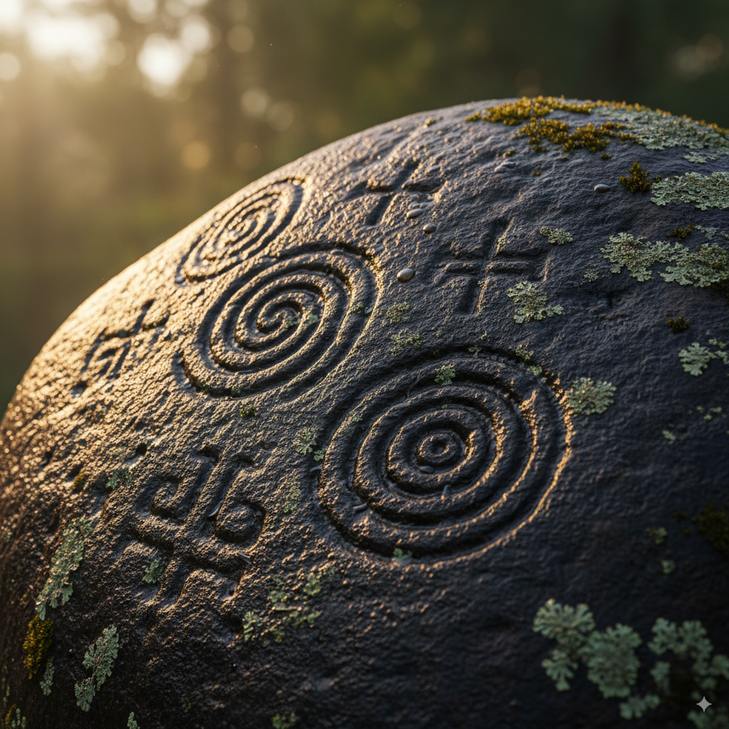 Primer plano de petroglifos gallegos iluminados al atardecer, tallas antiguas sobre piedra cubierta de musgo y líquenes.