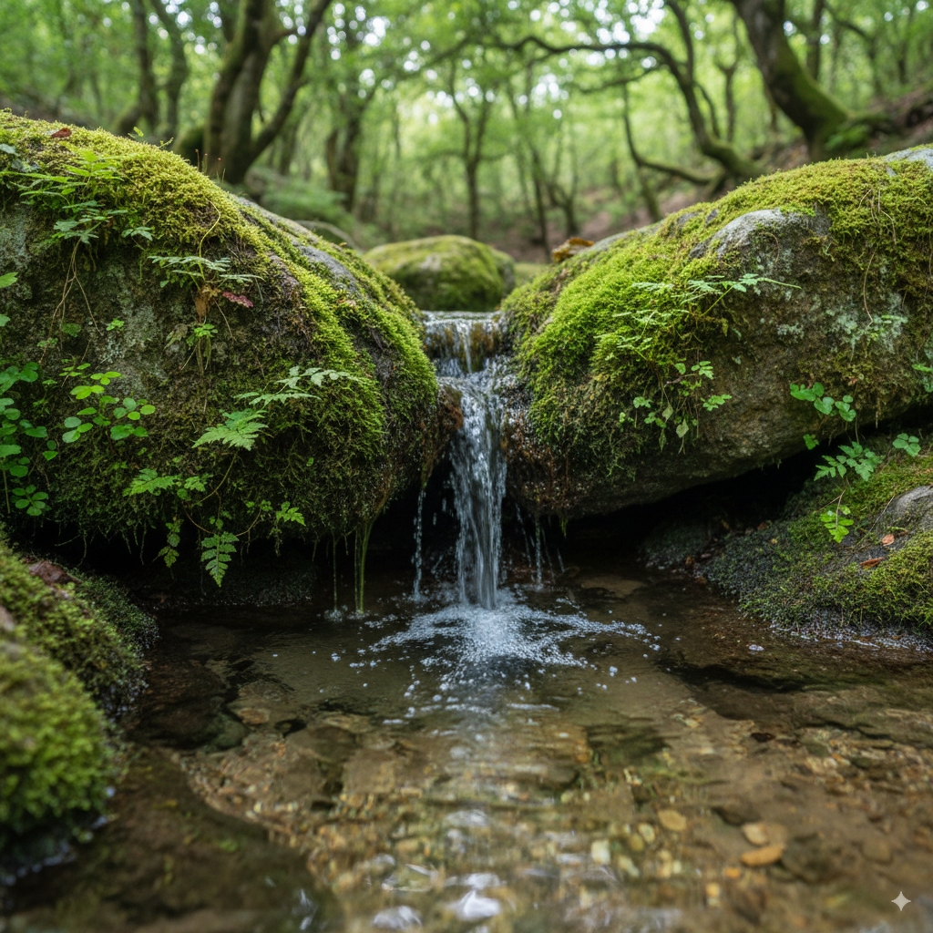 Agua cristalina brotando de una fuente natural en Galicia, rodeada de rocas y musgo en un bosque mágico.