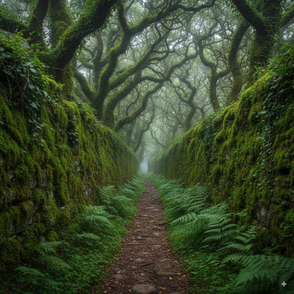 Camino estrecho de Galicia con muros de piedra cubiertos de musgo, rodeado de helechos y robles centenarios.