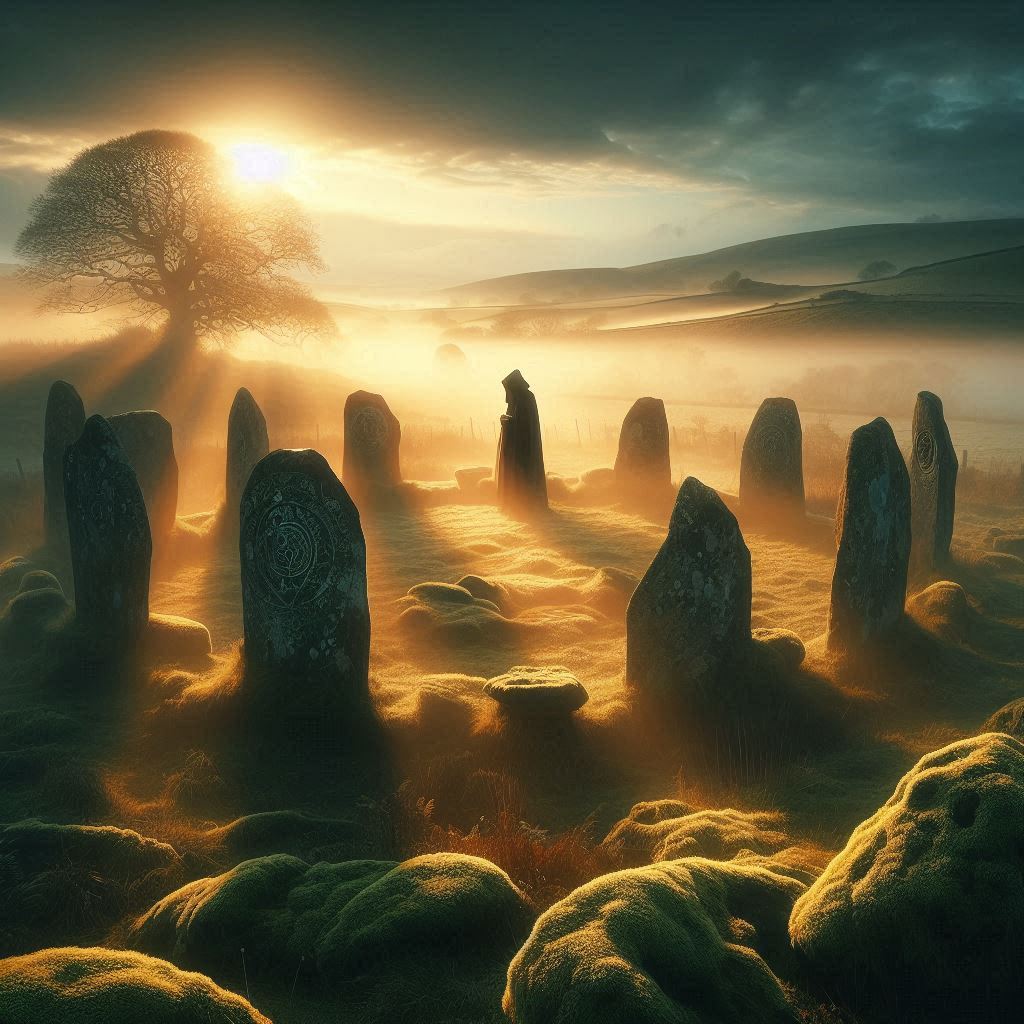 Mujer meditando junto a un círculo de piedras y un manantial en un bosque, conectando con la energía de un lugar de poder y la vibración sagrada de la Tierra