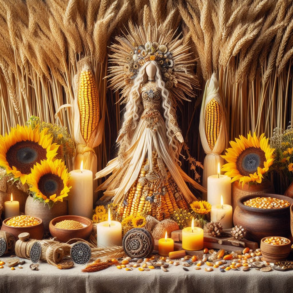 Altar de lamas con diosa hecha de maiz y trigo