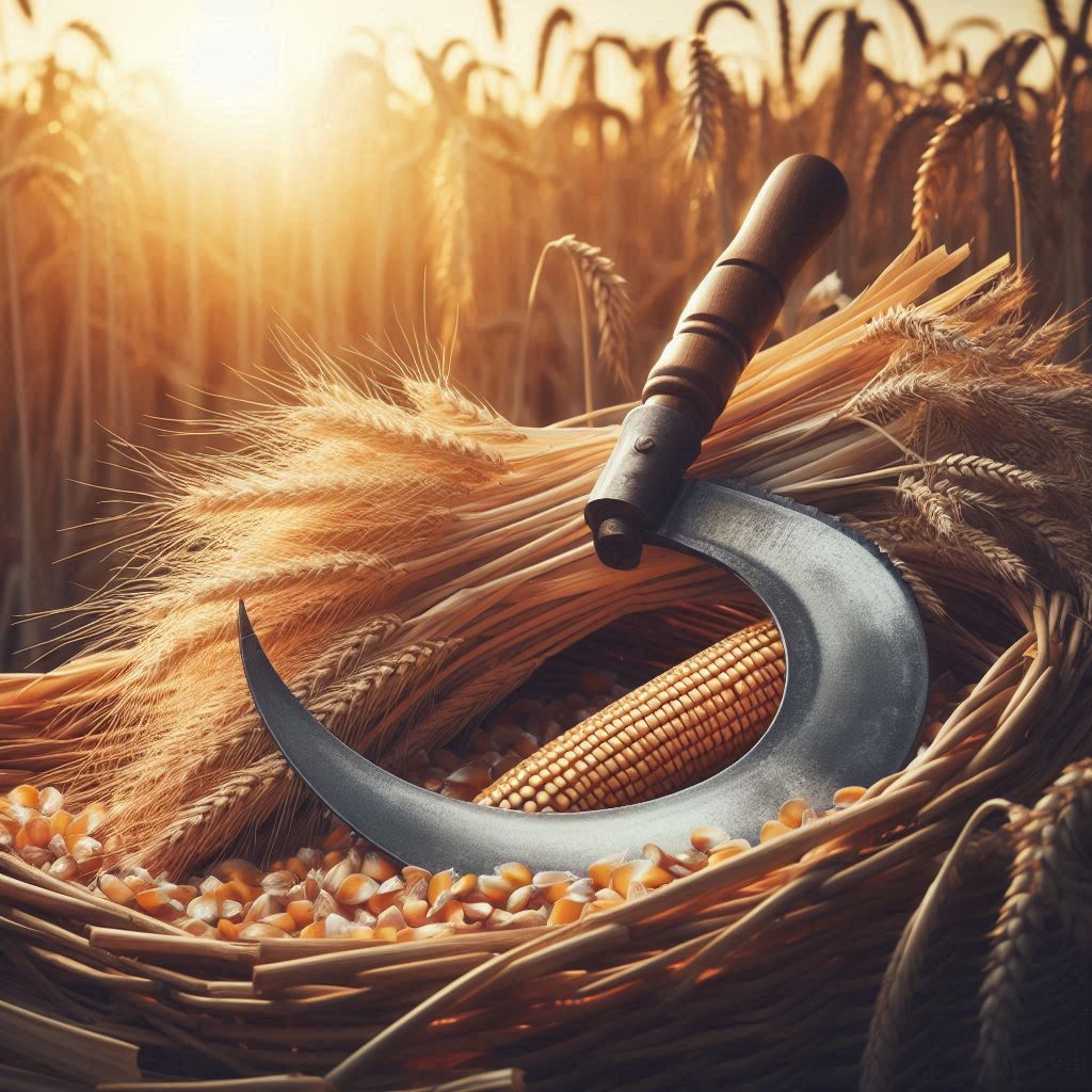 Hoz, espigas de trigo y maiz como ofrenda de gratitud en Lammas, la primera cosecha de la Rueda del Año.
