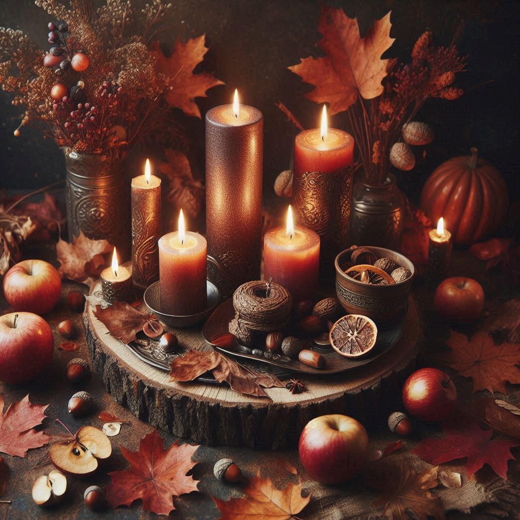 Manzanas, hojas otoñales y velas en equilibrio de luz y sombra durante Mabon, el equinoccio de otoño.