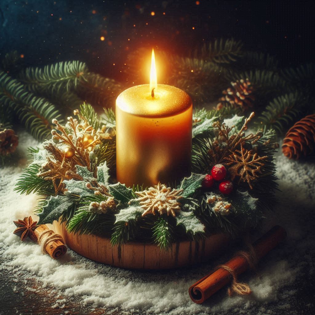 Vela dorada rodeada de acebo y pino en Yule, solsticio de invierno, el renacimiento de la luz en la Rueda del Año