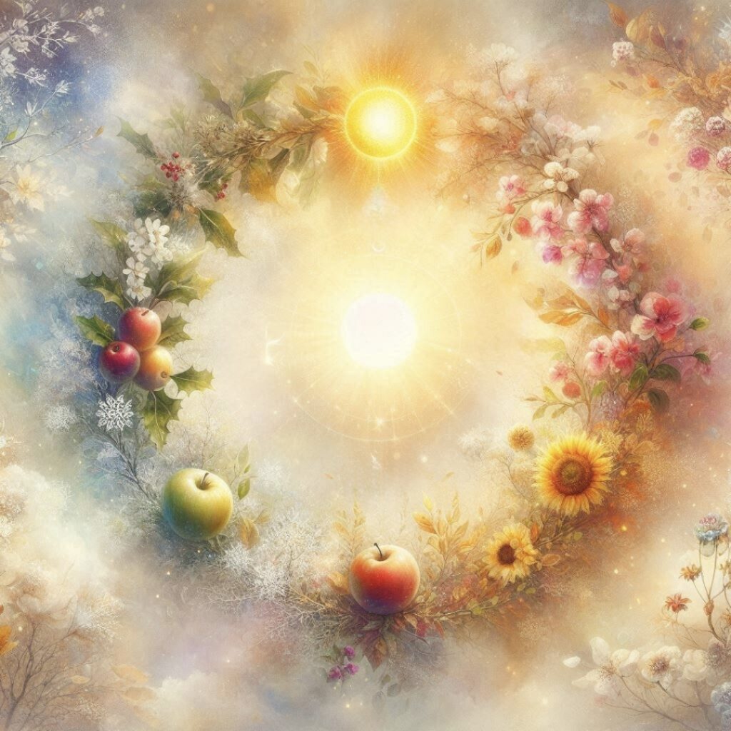 Ilustración mística de la naturaleza mostrando el ciclo de las estaciones, símbolo de la Rueda del Año y sus rituales