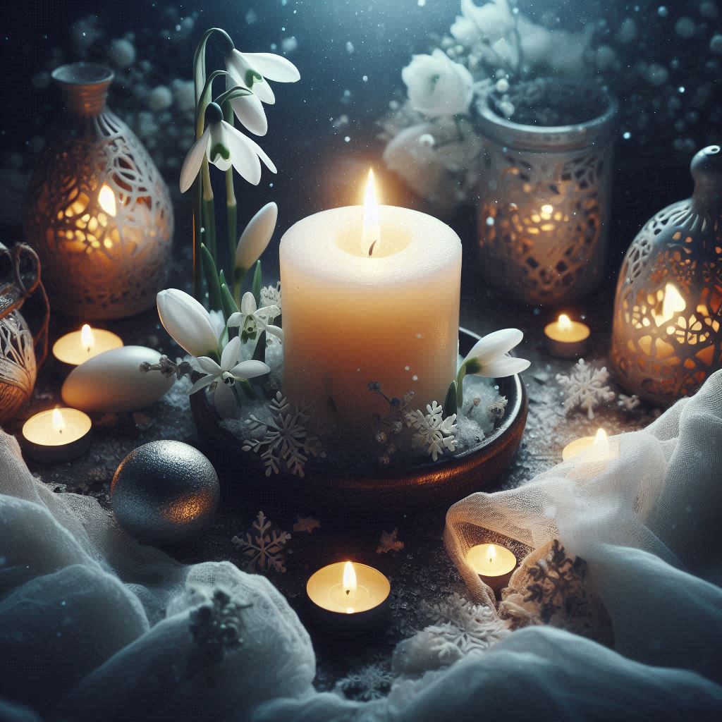 Vela blanca y flores de invierno como símbolo de purificación en Imbolc, dentro de la Rueda del Año.
