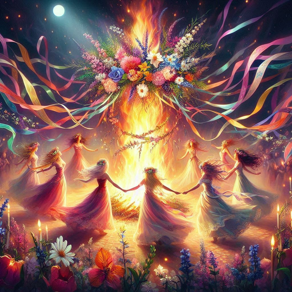 Fuego y cintas danzantes celebrando la pasión y la unión en Beltane, uno de los rituales de la Rueda del Año