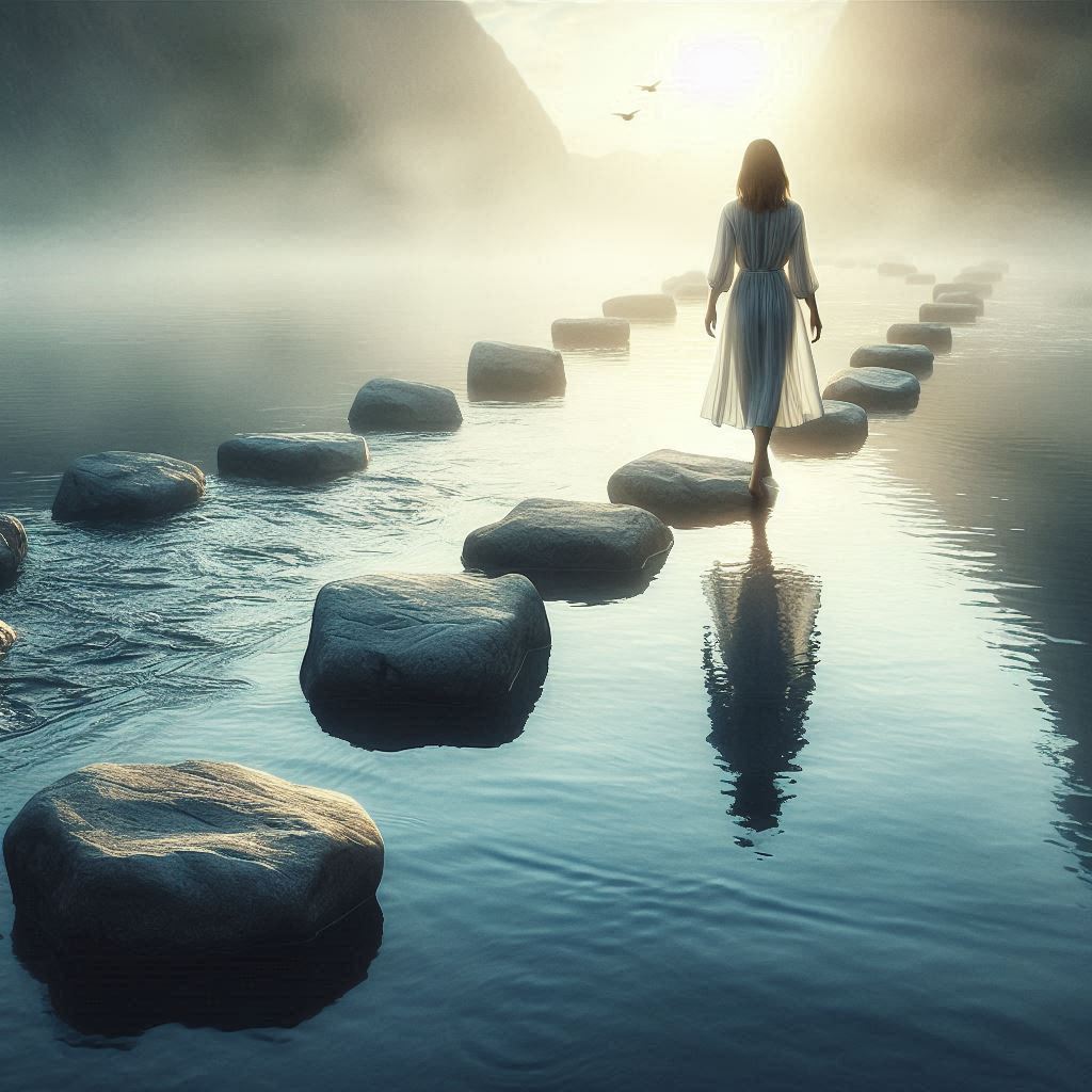 Persona caminando sobre piedras en un río tranquilo, algunas representan errores, otras aprendizajes, simbolizando superación y serenidad.