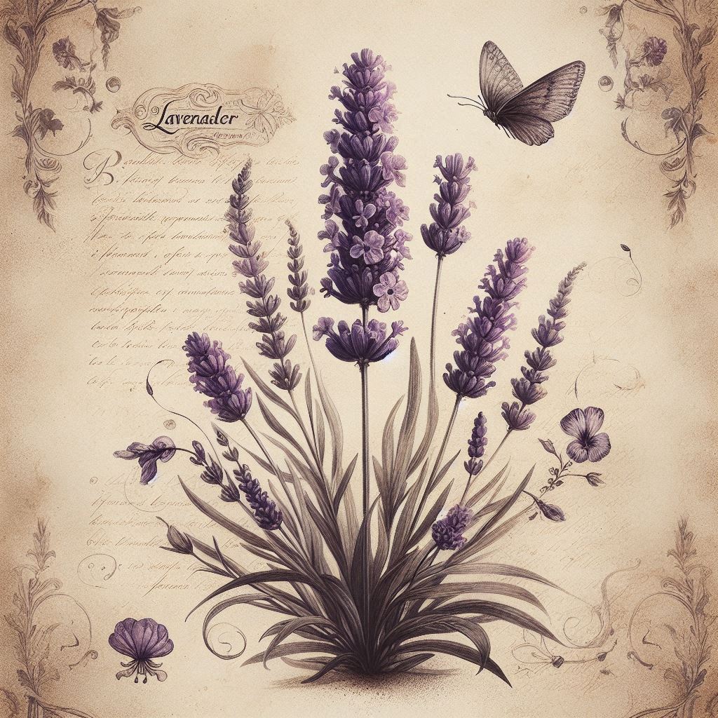 Pagina de un herbario mágico mostrando la lavanda.