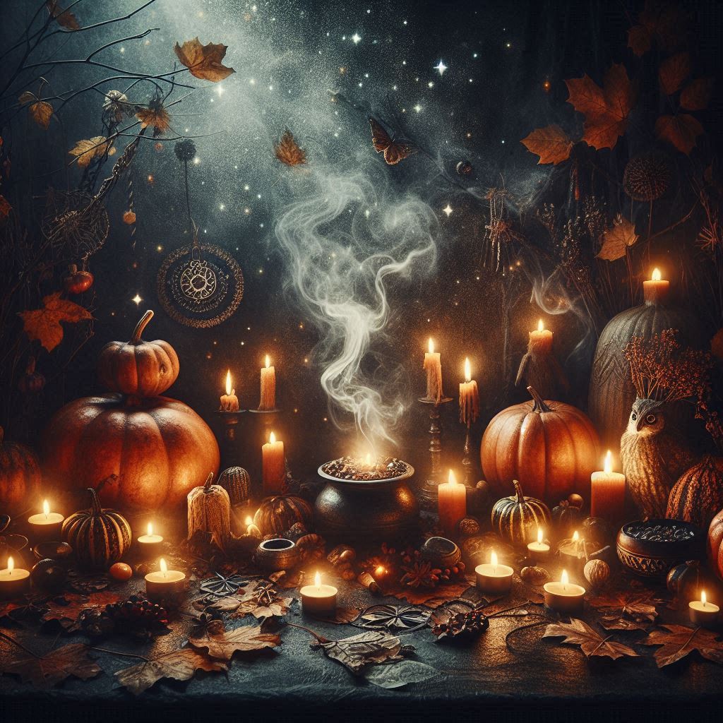 Calabazas y velas ancestrales como símbolo de memoria y renacimiento en Samhain, la noche de los ancestros.