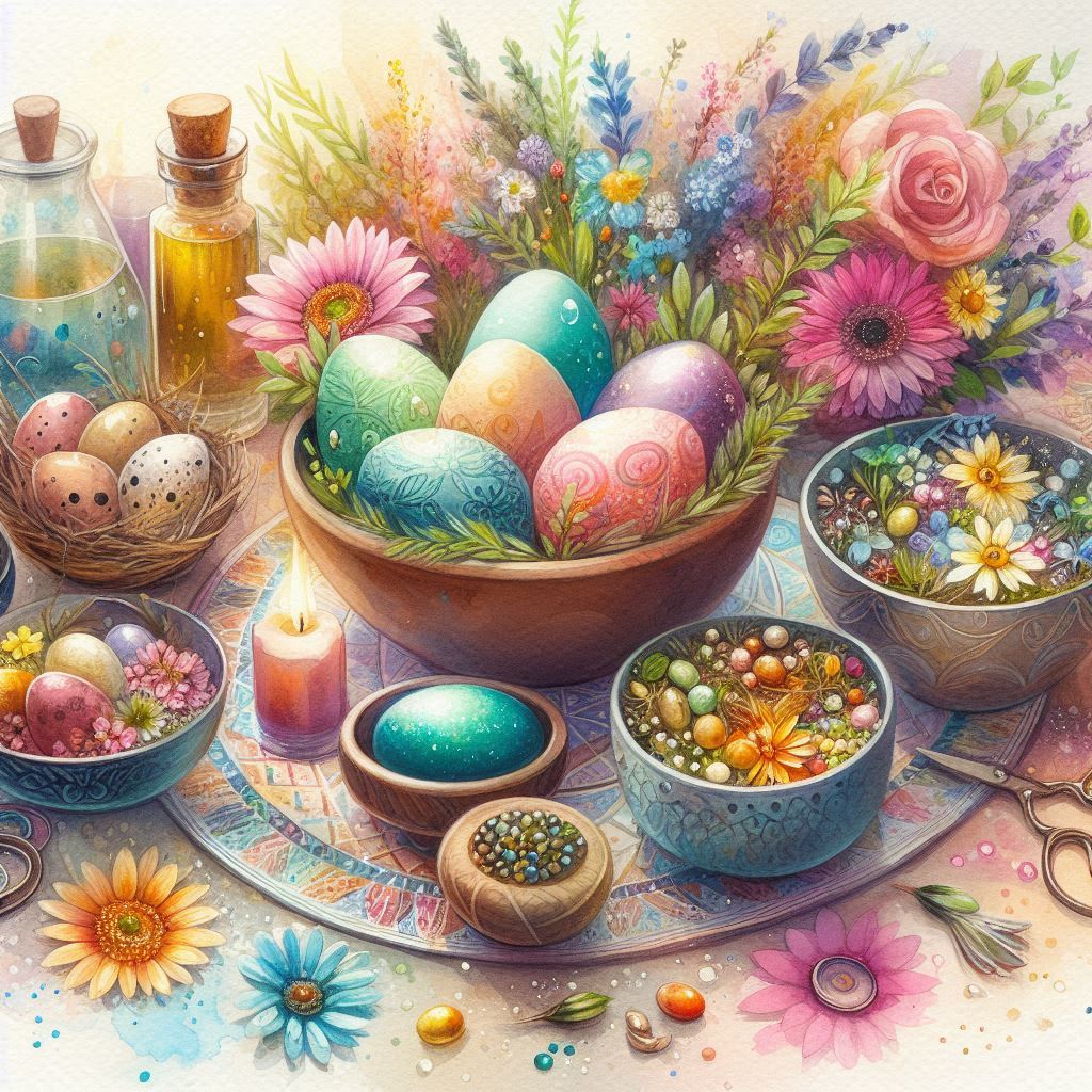 Flores y huevos de colores representando la fertilidad y la renovación en Ostara, la primavera de la Rueda del Año.