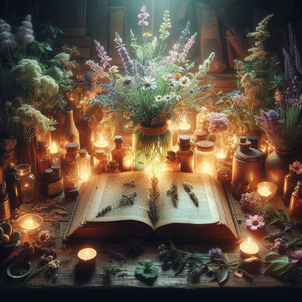 Libro abierto antiguo con hierbas aromáticas y flores alrededor, composición botánica mística con luz natural.