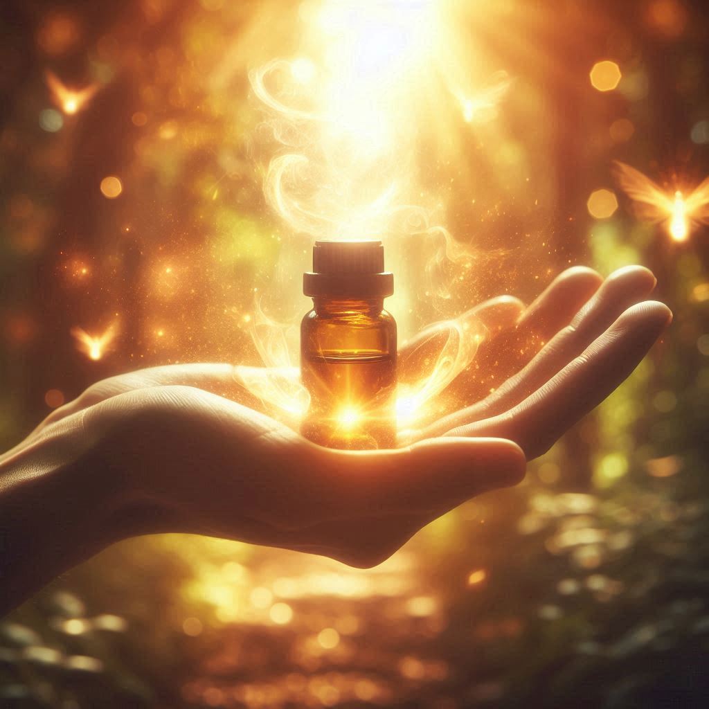 Frasco de aceite esencial con luz suave difuminada, ilustrando cómo los aromas influyen en las emociones y la energía sutil.