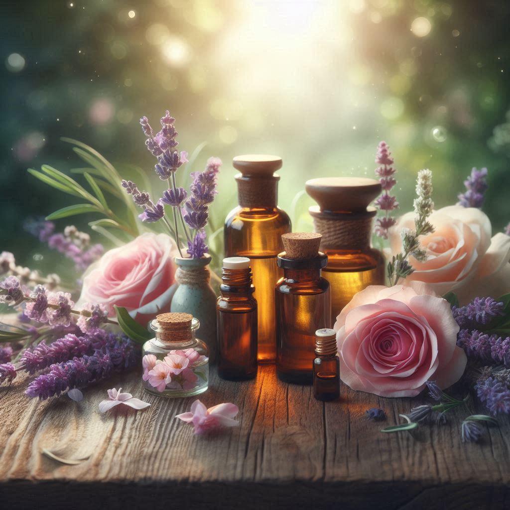 Botellas de aceites esenciales con flores frescas sobre una mesa rústica, simbolizando la aromaterapia energética y la sanación espiritual.