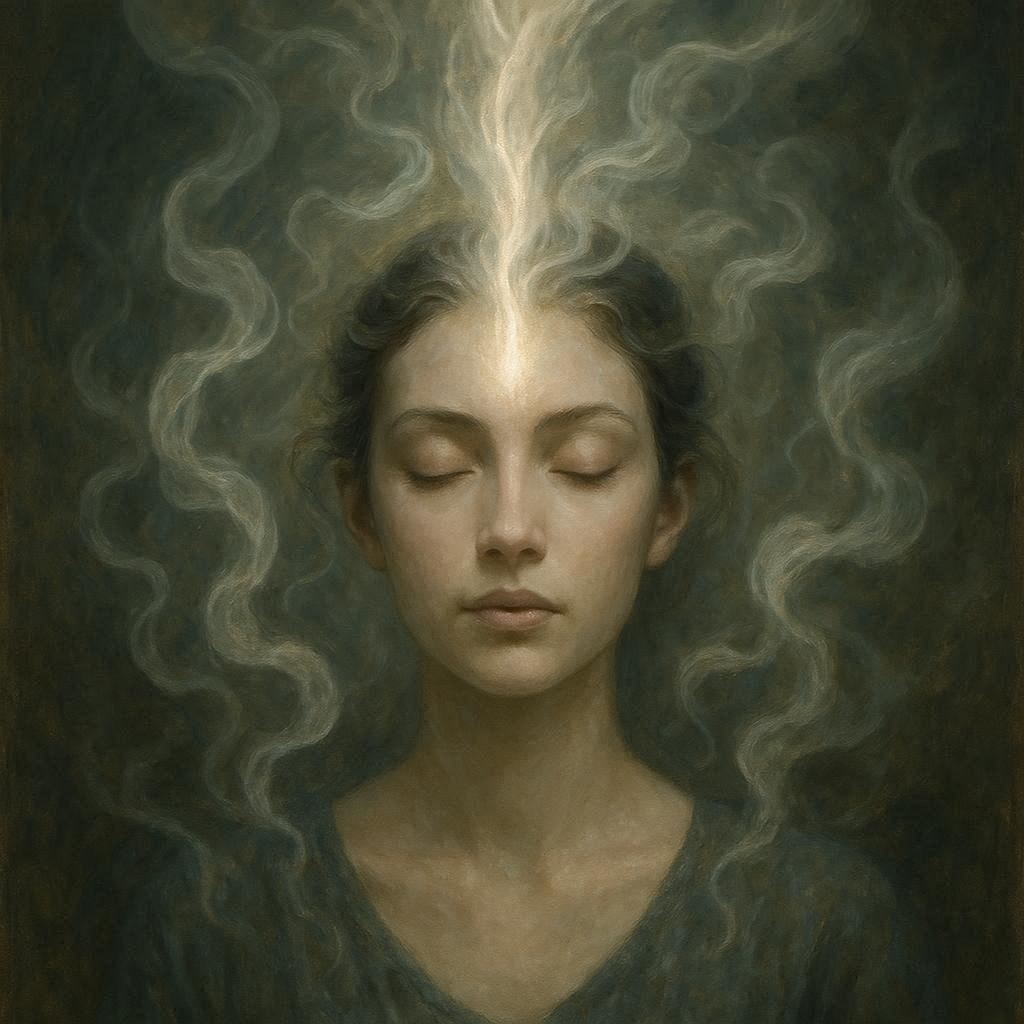 Mujer en meditación rodeada de luz suave y humo herbal, representando la energía e intuición despertadas por la artemisa blanca.