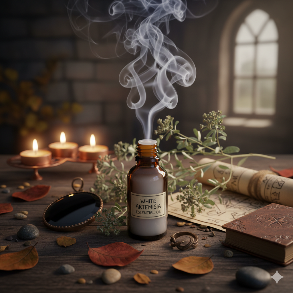 Botella de aceite esencial de artemisa blanca entre hojas secas y humo sutil, en un ambiente cálido y espiritual.