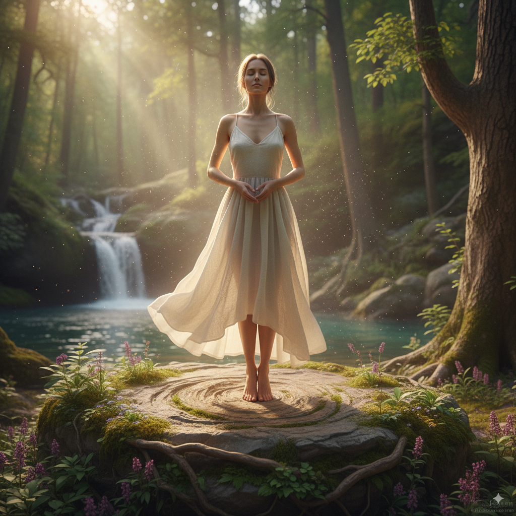 Persona en meditación sobre un lugar sagrado, manos sobre piedra o árbol, luz suave y niebla etérea, sensación de despertar espiritual.