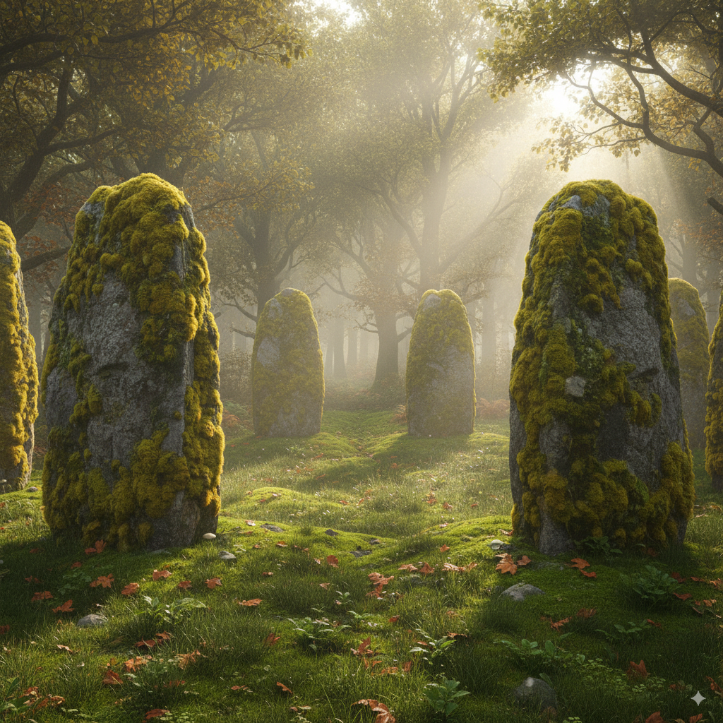 Círculo de piedras antiguas cubiertas de musgo, rodeado de niebla matinal, transmitiendo misterio y energía ancestral.