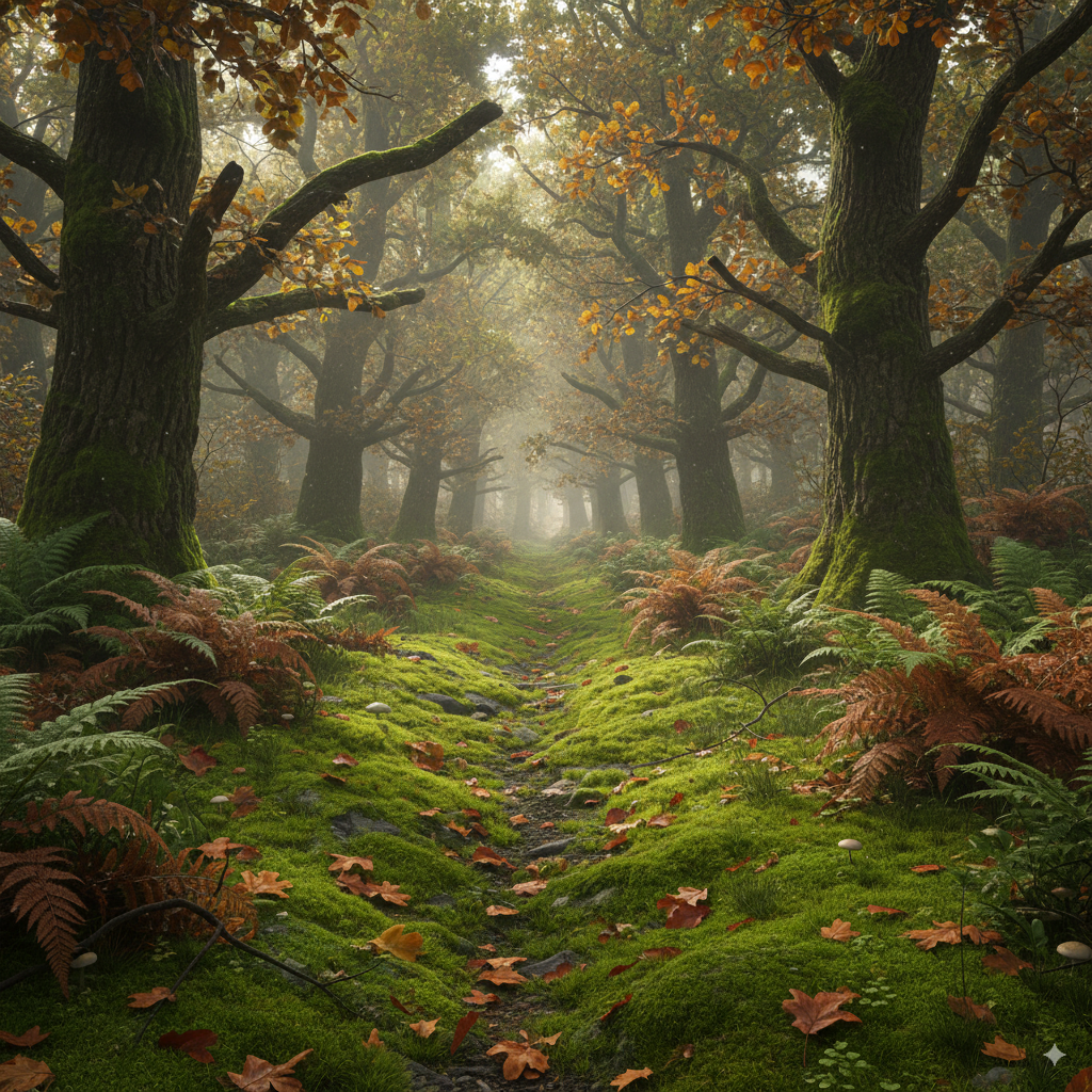 Camino estrecho cubierto de musgo, rodeado de robles y helechos antiguos, con niebla ligera y luz filtrada entre los árboles.