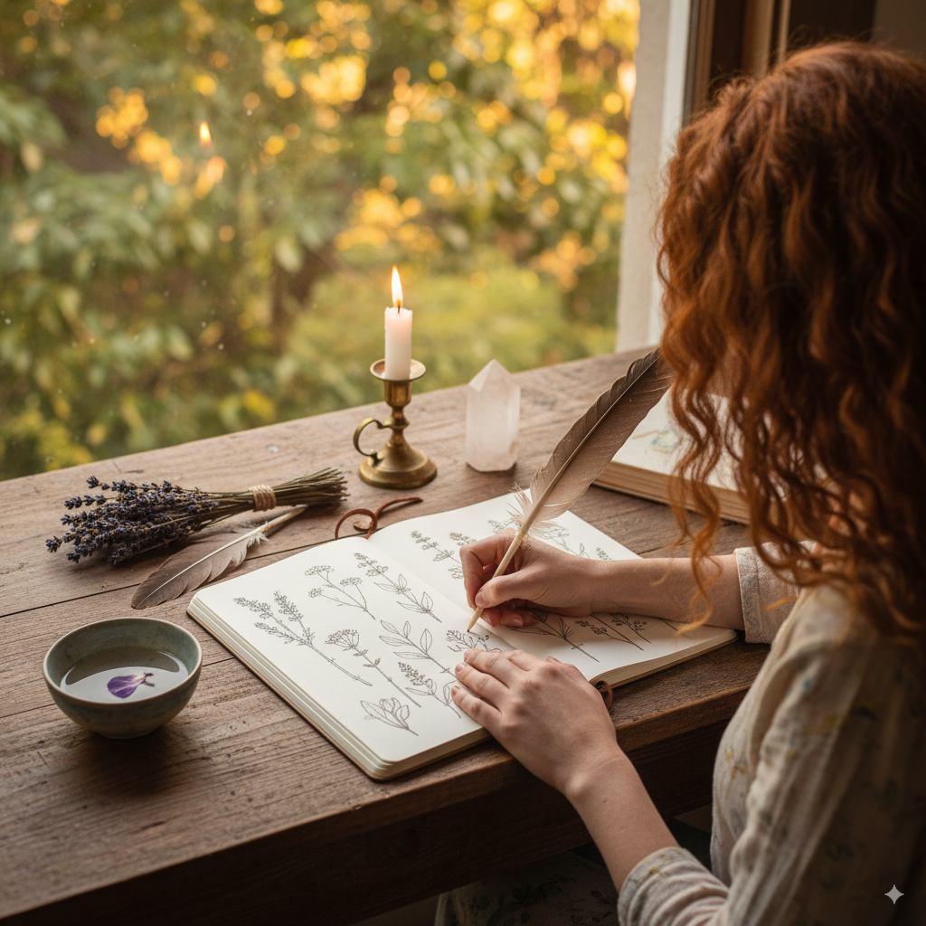 Mujer pelirroja de espaldas escribe con una pluma en un cuaderno sobre un escritorio de madera, acompañado de hierbas, cristal y vela encendida.