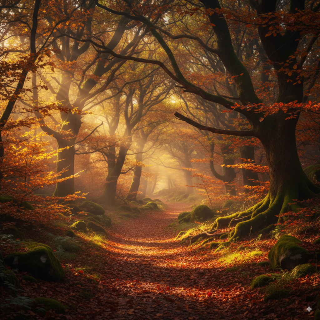 Bosque iluminado por la luz dorada del equinoccio de otoño, representando el equilibrio de Mabon en la Rueda del Año celta.