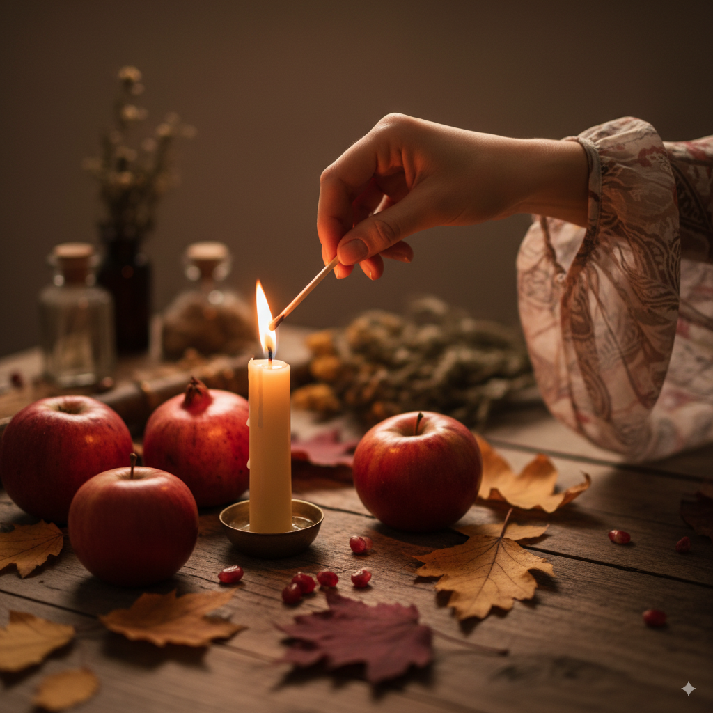 Mano encendiendo una vela al atardecer con hojas otoñales, símbolo de cómo honrar Mabon en el equinoccio de otoño.