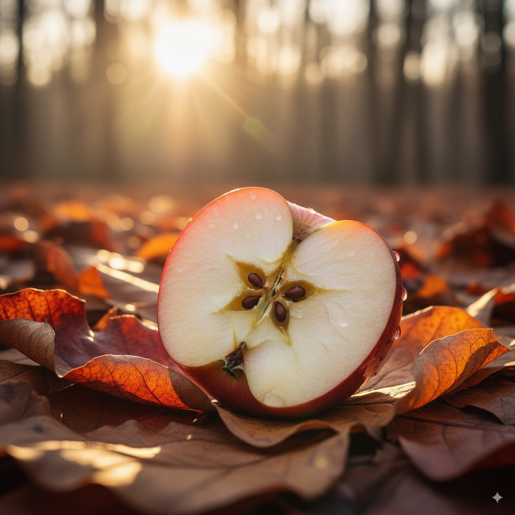 Manzana roja partida en cruz mostrando su estrella interior sobre hojas otoñales, evocando magia y misterio del equinoccio.