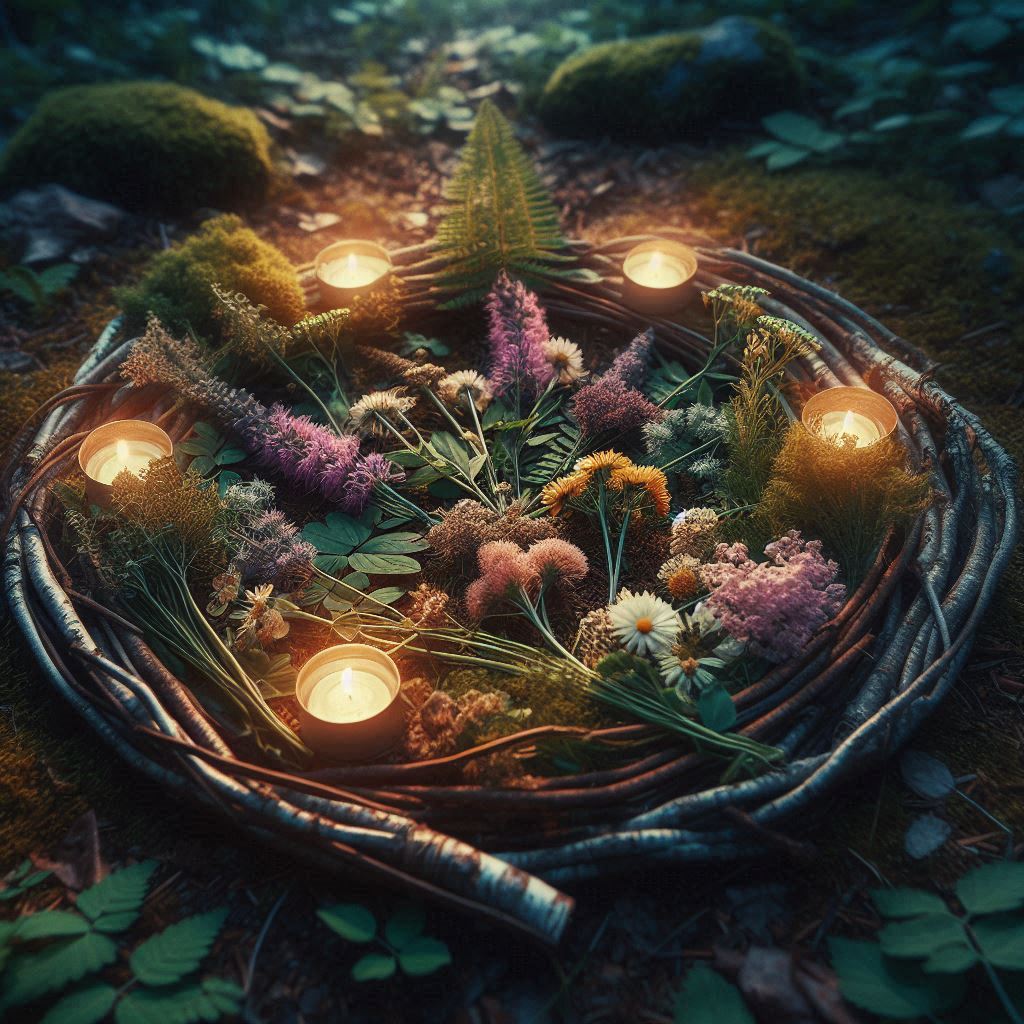 Círculo de hierbas y flores silvestres brillando suavemente sobre la tierra del bosque, atmósfera espiritual y natural.