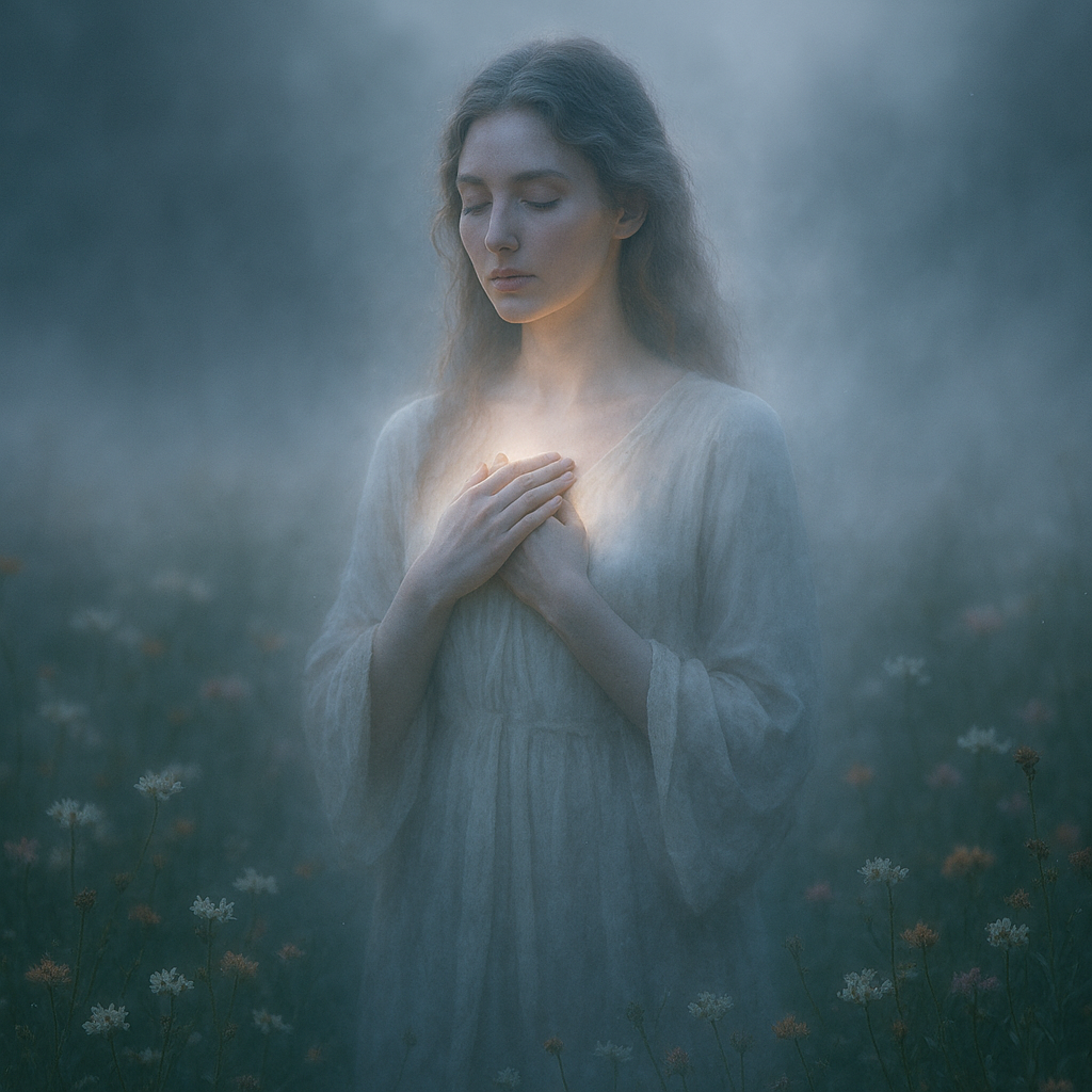 Figura femenina en medio de una pradera de flores, sintiendo la luz de su despertar espiritual.