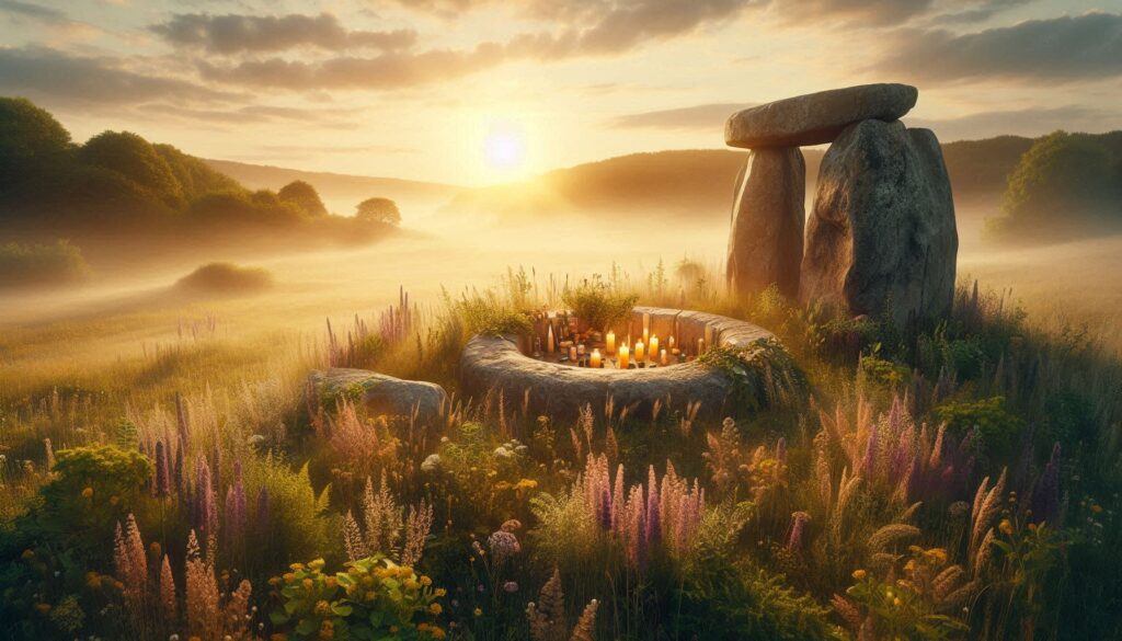 Panorámica realista de un círculo de piedras antiguo en un prado al amanecer, rodeado de hierbas aromáticas, flores, cristales y velas, con luz dorada y niebla suave, evocando rituales sagrados, aromaterapia, lugares de poder y conexión espiritual.
