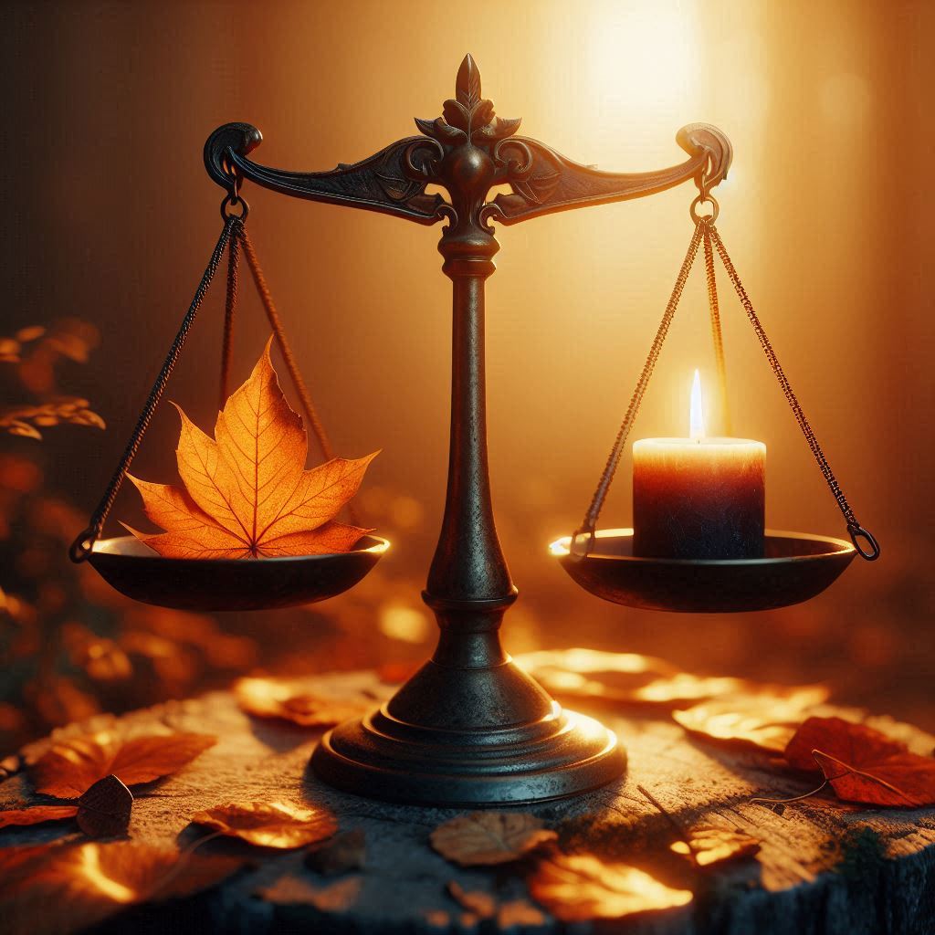 Balanza con una vela y una hoja de otoño en equilibrio, símbolo espiritual del equinoccio de otoño y de Mabon.