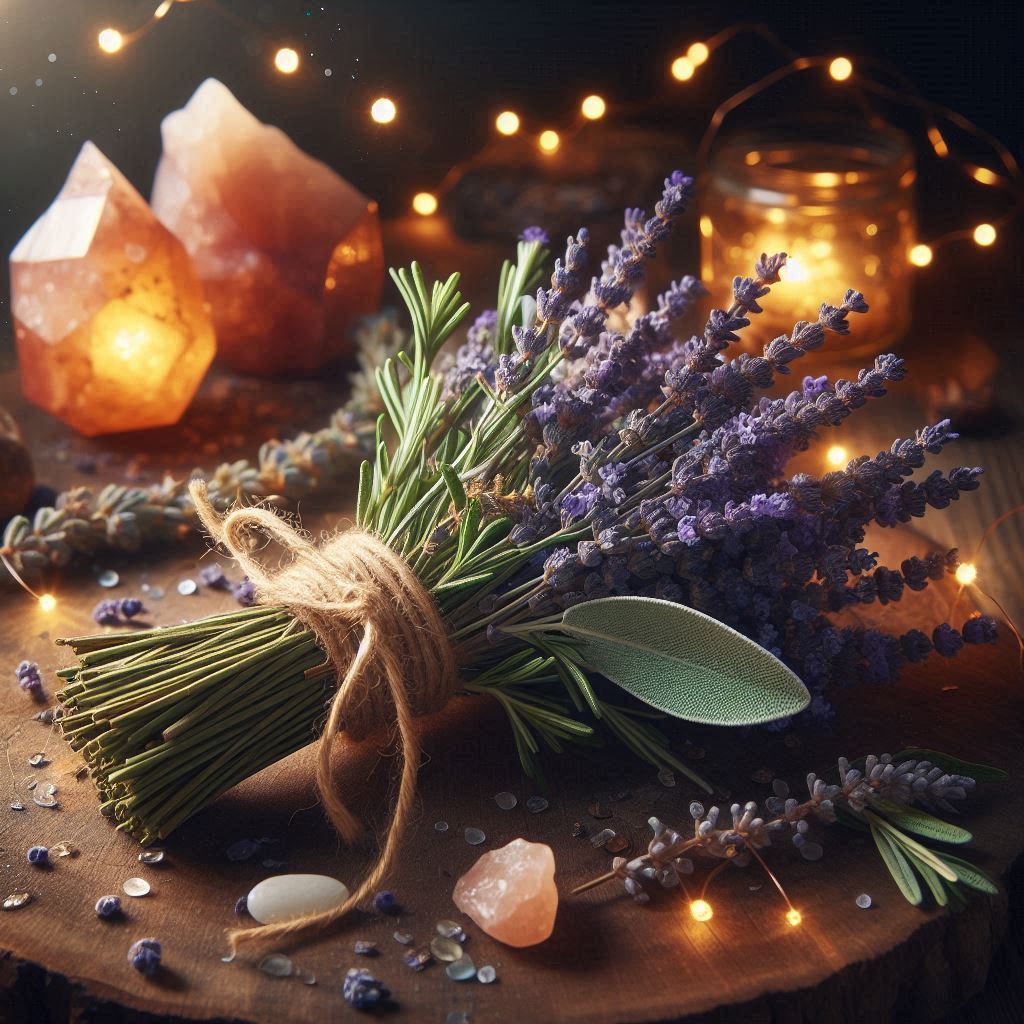 Ramilletes de lavanda, romero y salvia atados con cuerda, acompañados de minerales brillantes y luces cálidas.