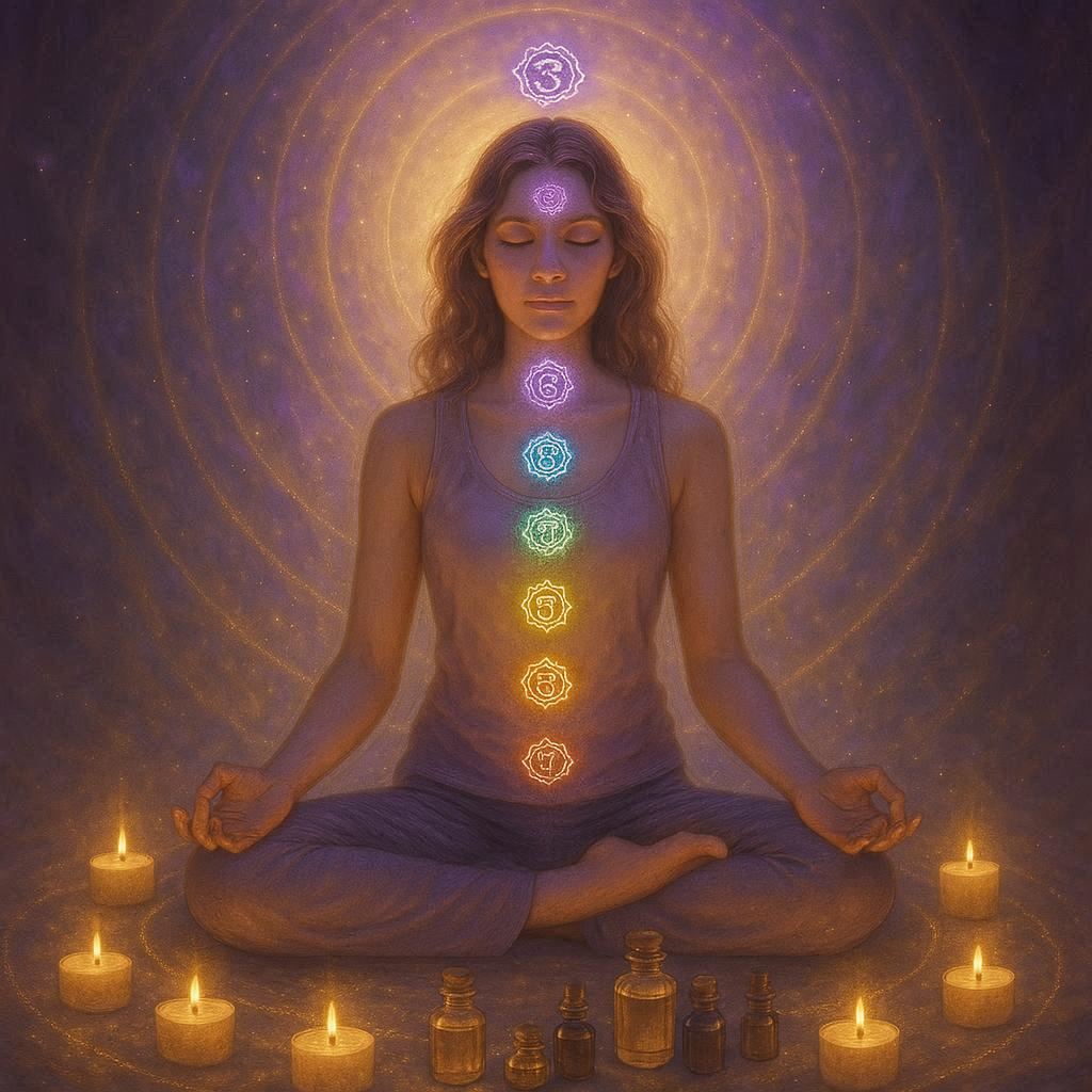 Mujer meditando con difusor de aceites esenciales y flores alrededor, simbolizando la sanación emocional y el equilibrio de los chakras.