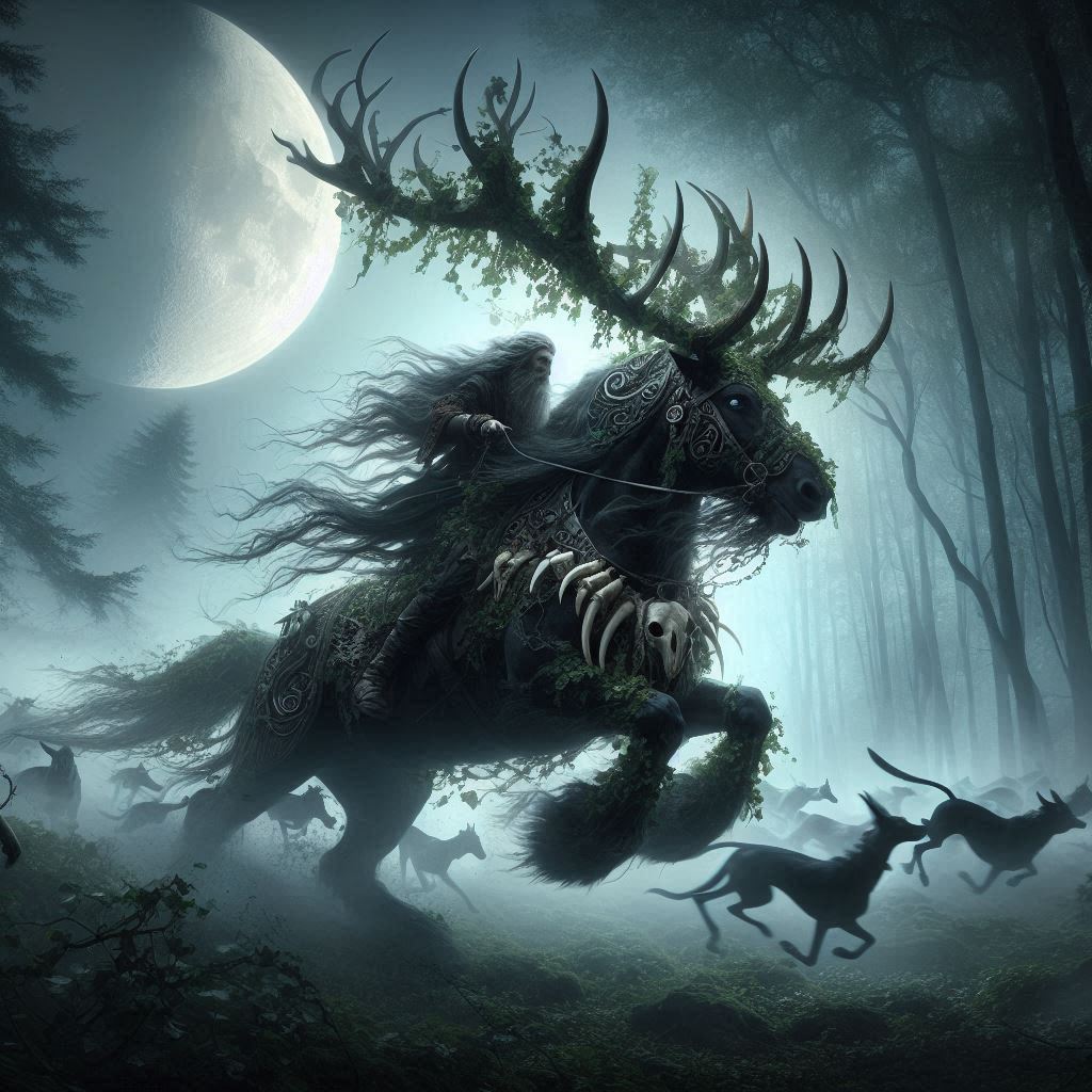 Cernunnos cabalgando entre la niebla con su manada espiritual, iniciando la Caza Salvaje al comienzo del año oscuro.