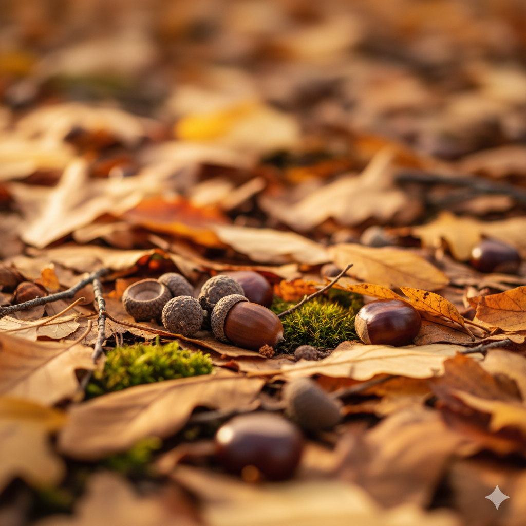 Bellotas, castañas y hojas caídas en un suelo otoñal del bosque, símbolos de abundancia y transformación