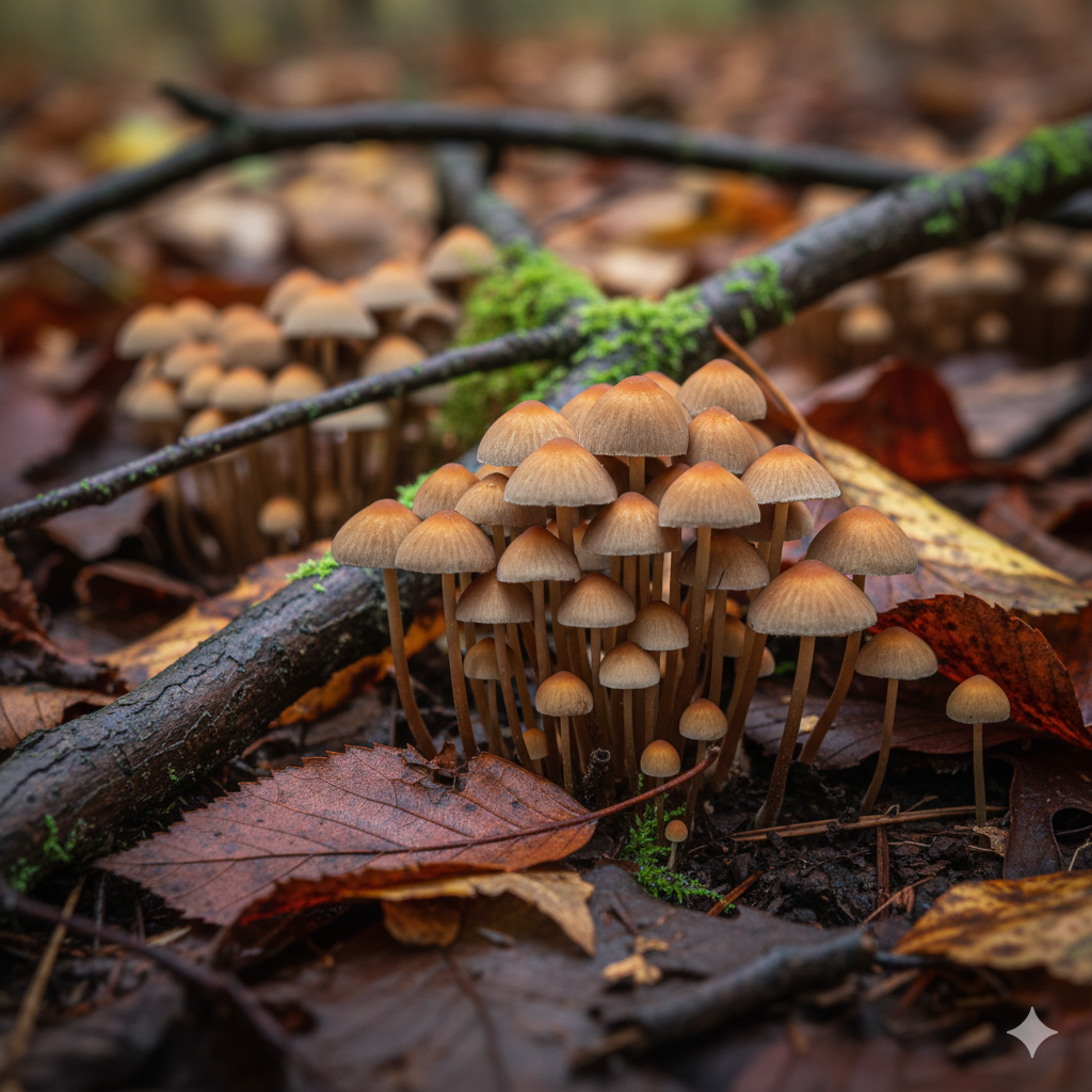 Hongos otoñales creciendo entre hojas caídas y ramas húmedas del bosque