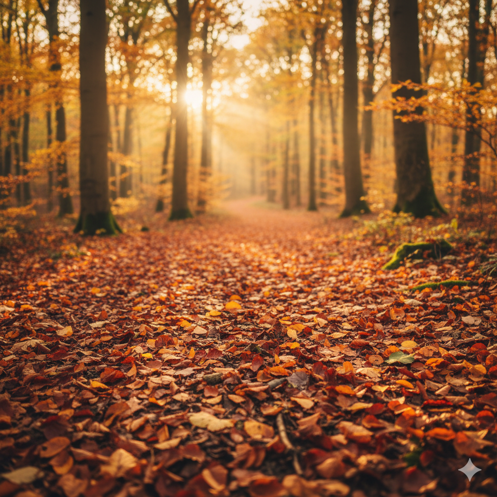 Hojas otoñales caídas en un sendero de bosque iluminado por la luz dorada