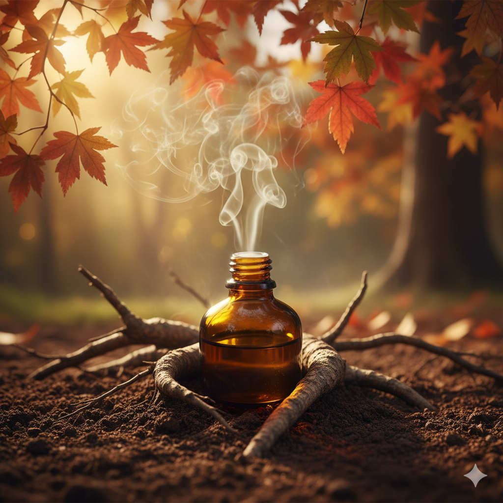 Aceite esencial de vetiver sobre tierra con raíces y luz otoñal — propiedades energéticas y significado espiritual del vetiver