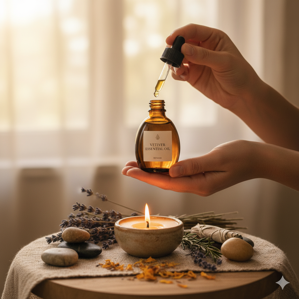 Manos sosteniendo aceite esencial de vetiver sobre altar con vela y hierbas — ritual energético para enraizar y calmar