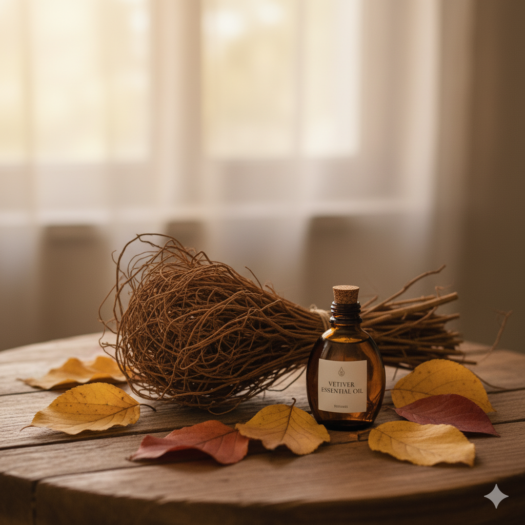 Aceite esencial de vetiver con hojas otoñales — energía de transformación y conexión con la tierra