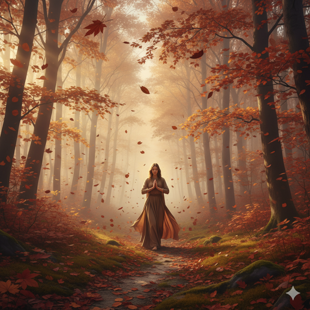 Mujer caminando entre un bosque otoñal envuelto en niebla, símbolo del viaje interior entre Mabon y Samhain.