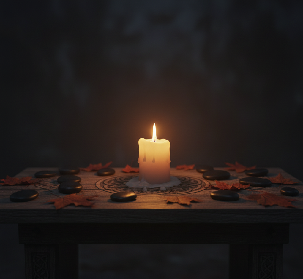 Altar otoñal con vela encendida y hojas secas, representando la introspección y el poder transformador de la oscuridad.