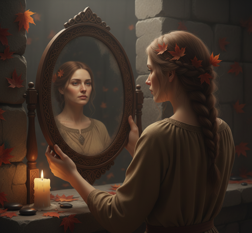 Mujer contemplando su reflejo en un espejo antiguo durante el otoño, símbolo del encuentro con la sombra entre Mabon y Samhain.