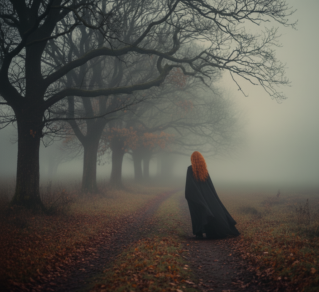 Paisaje celta realista al anochecer con un caminante solitario entre árboles desnudos y niebla de otoño durante Samhain, evocando quietud y el umbral entre los mundos.
