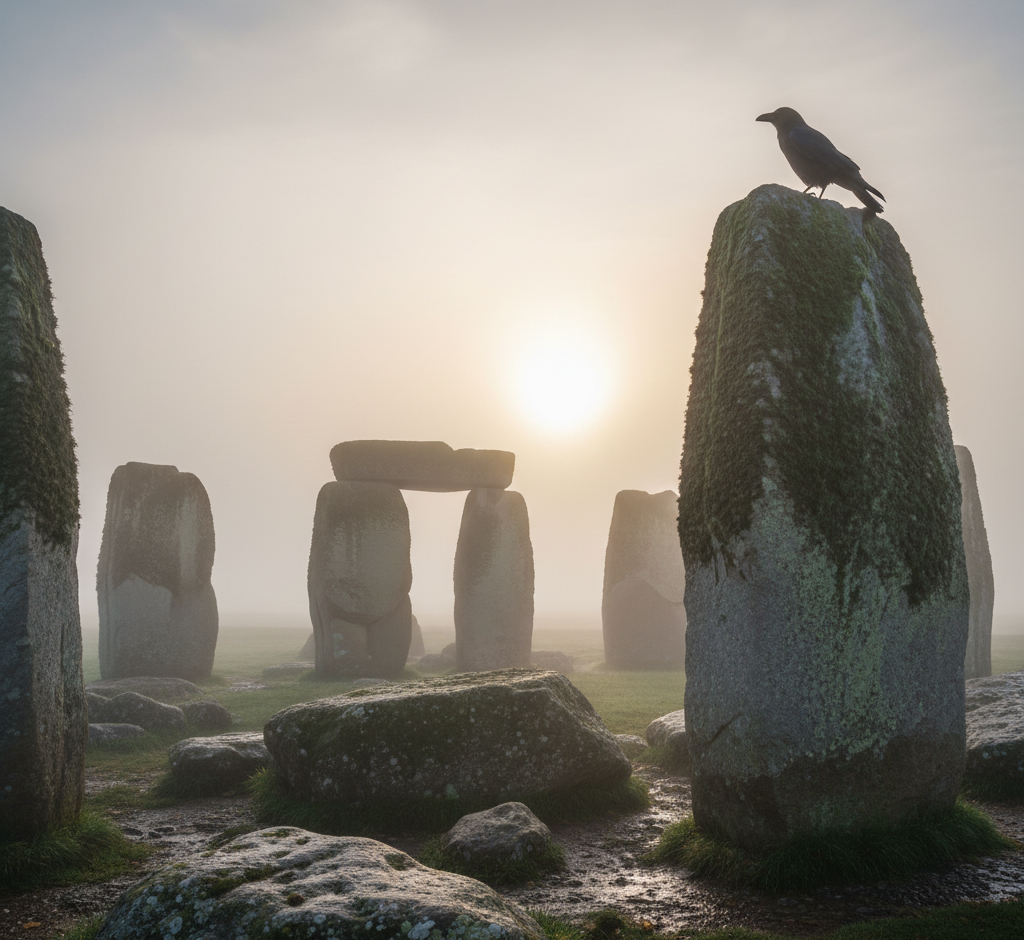 Círculo de piedras bajo la niebla del amanecer tras Samhain, con un cuervo vigilante simbolizando el renacer del ciclo.