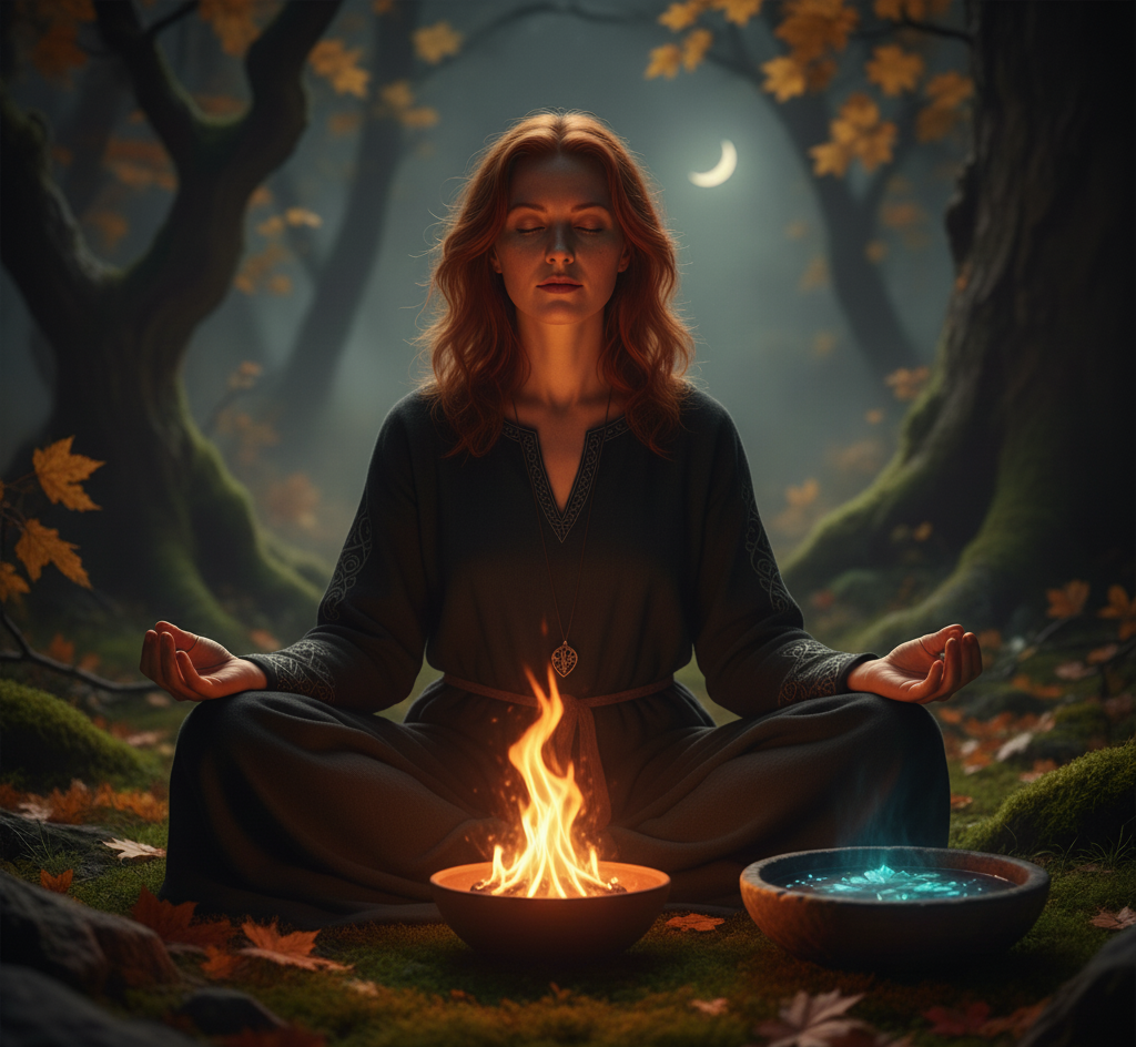 Mujer realizando un trabajo de visión frente al fuego en la noche de Samhain, conectando con su intuición.