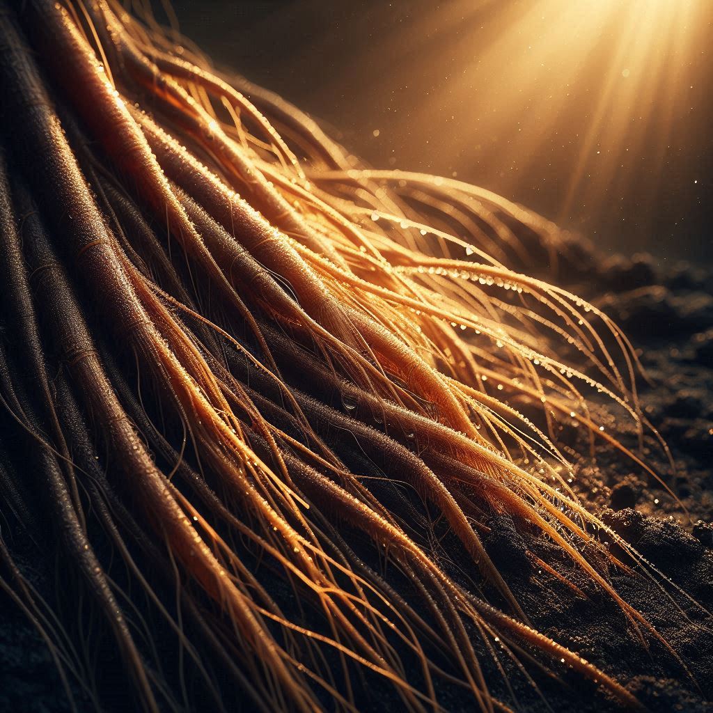 Raíces de vetiver frescas en tierra húmeda — conexión energética y poder de enraizamiento