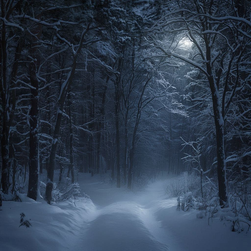 Bosque invernal en penumbra, representando la etapa de oscuridad y silencio.