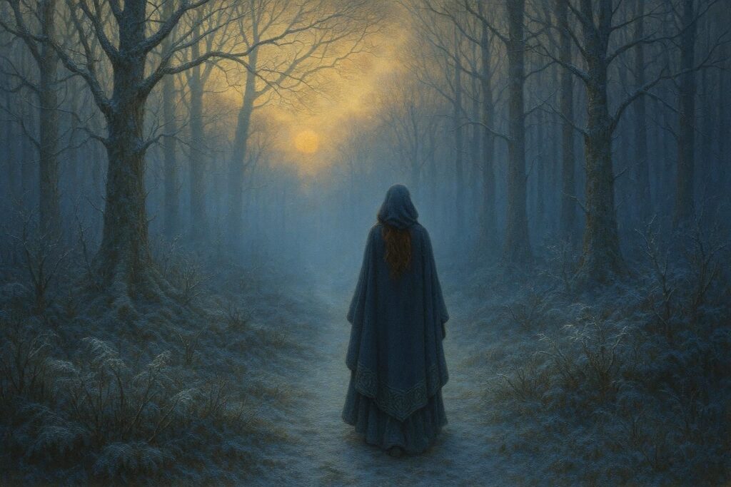 Figura solitaria caminando por un bosque invernal al atardecer, simbolizando el descenso espiritual entre Samhain y Yule